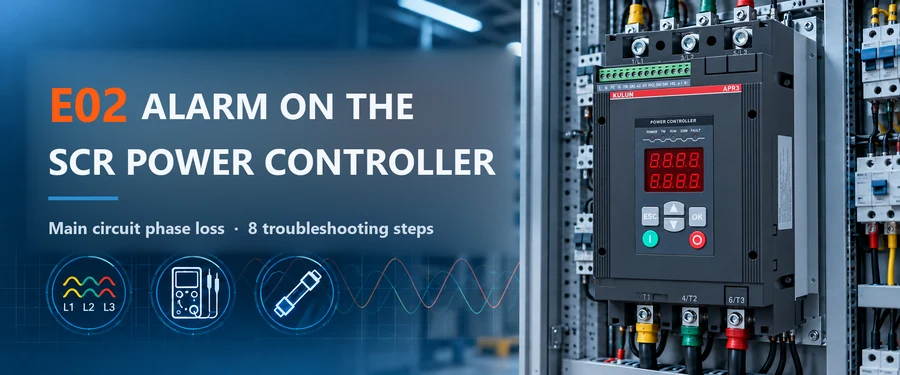 E02 alarm on an SCR power controller: main circuit phase loss troubleshooting banner