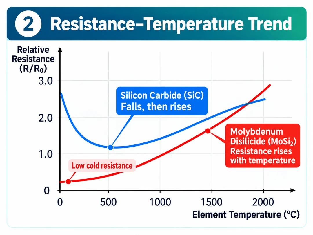 Illustrative resistance versus temperature trends for SiC and MoSi2