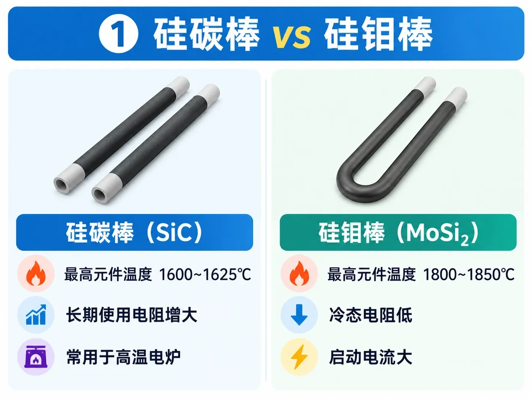 硅碳棒与硅钼棒外形及加热电源关注点科普信息图