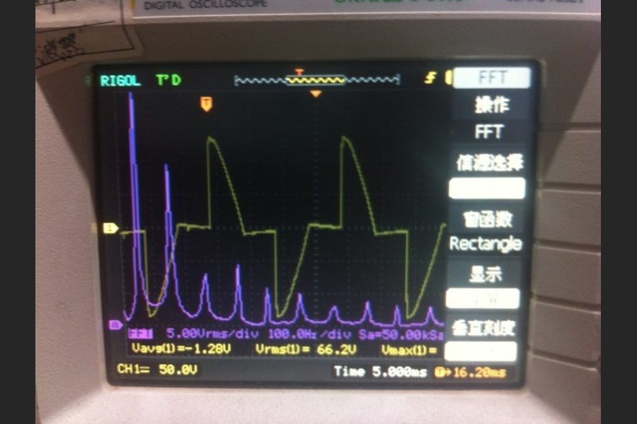 KULUN TTPR power controller, phase-angle firing at 50% setpoint: measured load phase voltage waveform and FFT spectrum
