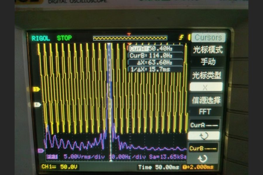 KULUN TTPR power controller, zero-cross fixed-period firing at 50% setpoint: measured load voltage waveform and FFT spectrum